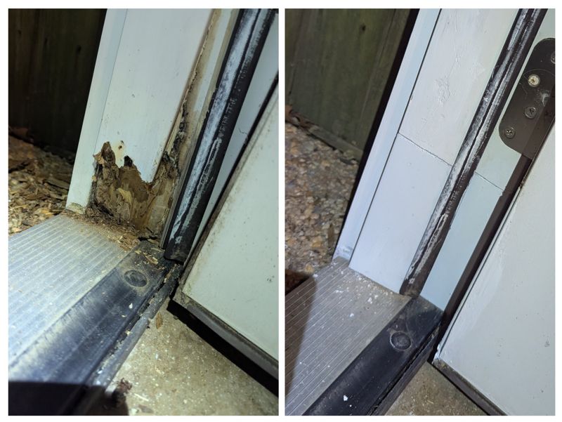 Before-and-after close-up of rot damage repaired at the bottom of a door jamb